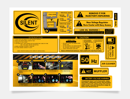 发电机组低噪音全套贴纸操作说明贴纸